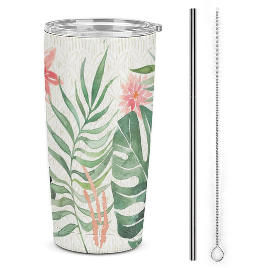 Stainless steel travel coffee mug with floral design, includes straw and brush - ideal gift