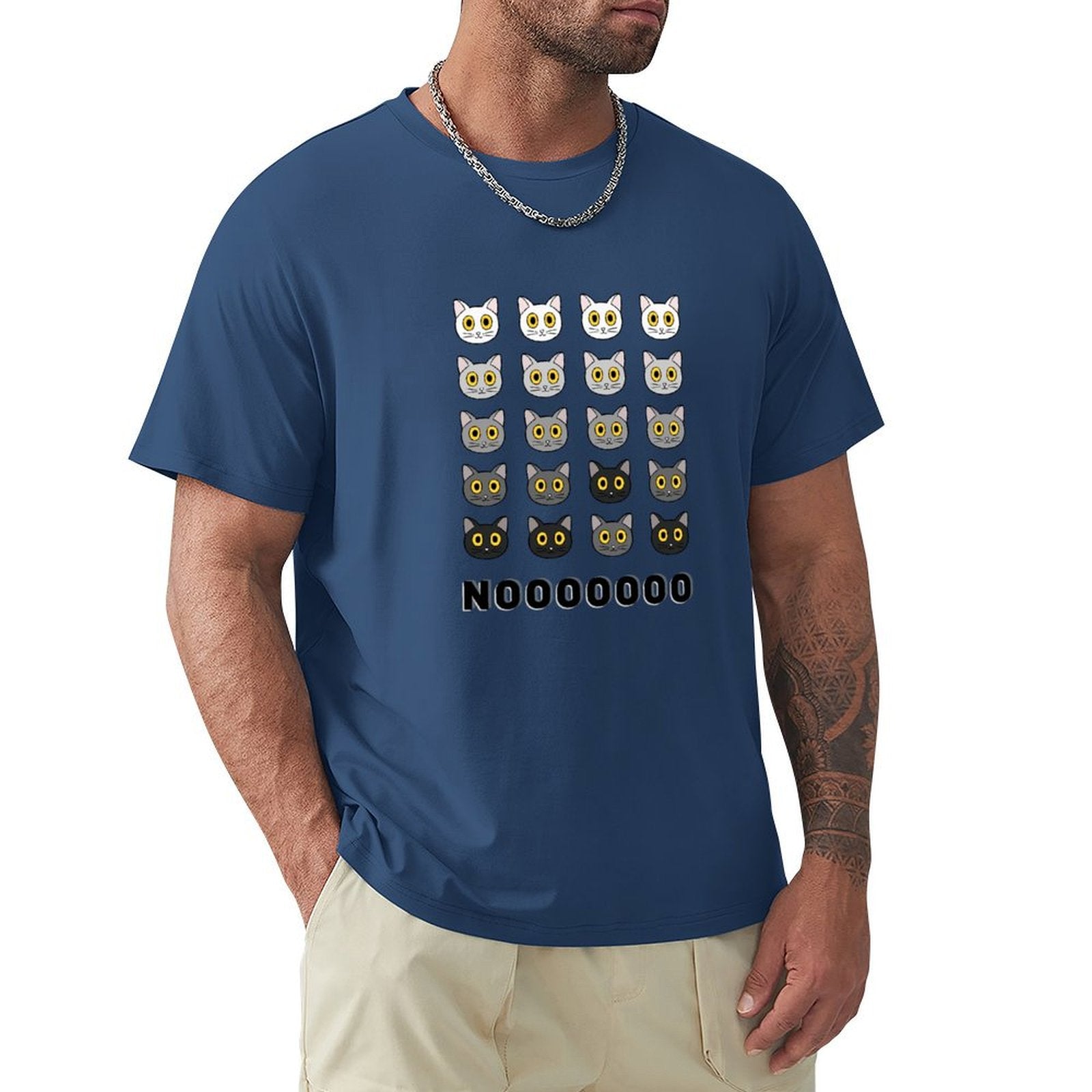 MyArtsyGift Men's blue short sleeve tee with cat face design and NOOOOOOOO text. Cotton fabric.