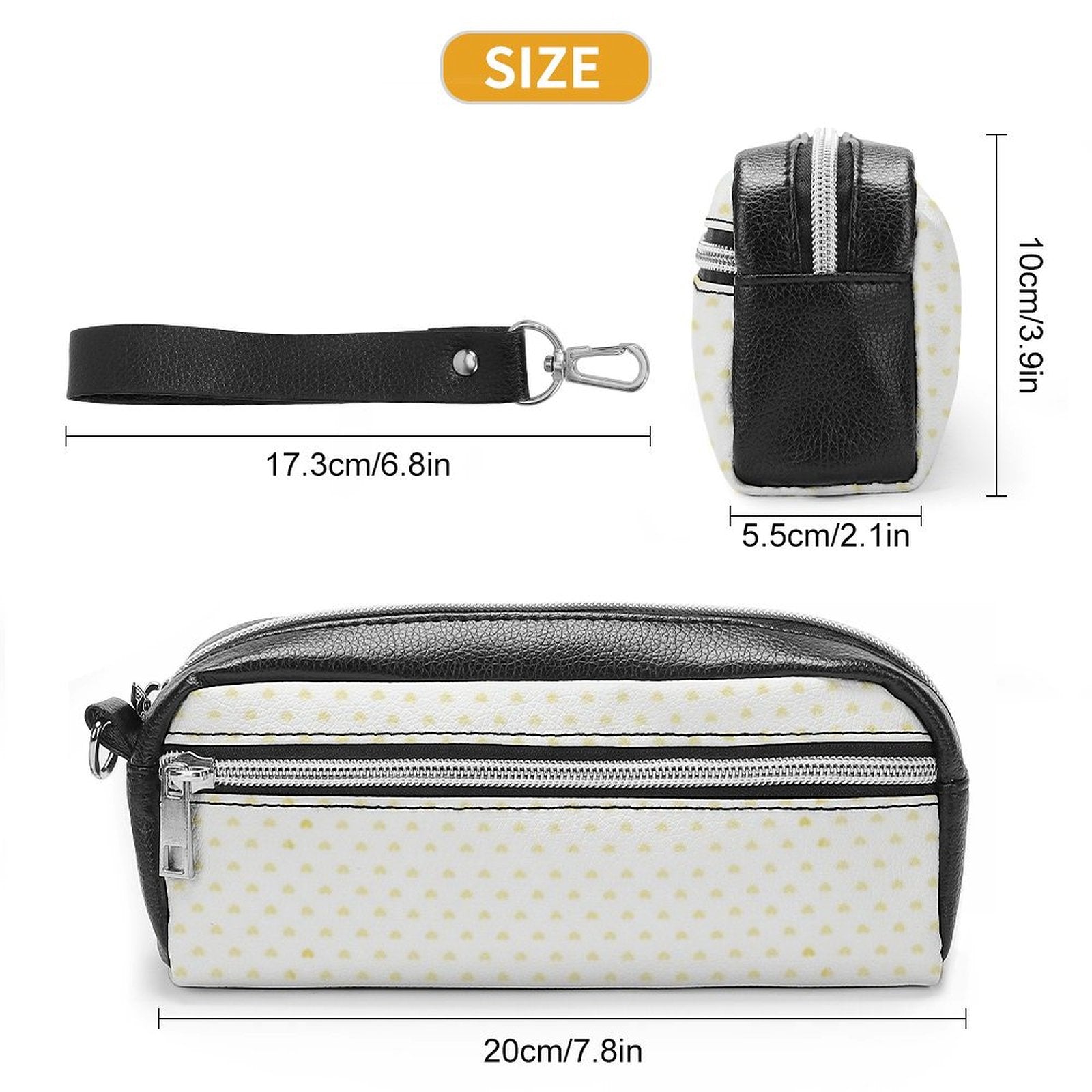 Custom lychee leather cosmetic bag with dimensions, perfect for makeup or pencil case.