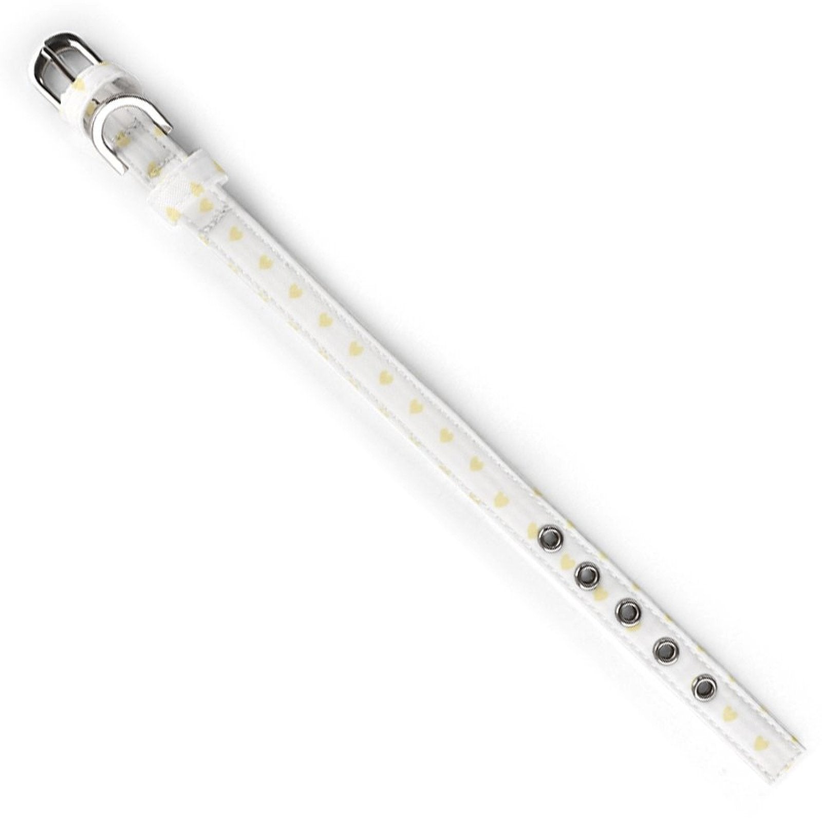 White Oxford fabric pet collar with yellow hearts pattern, stainless steel buckle, and pet memorial gift for dogs and cats.