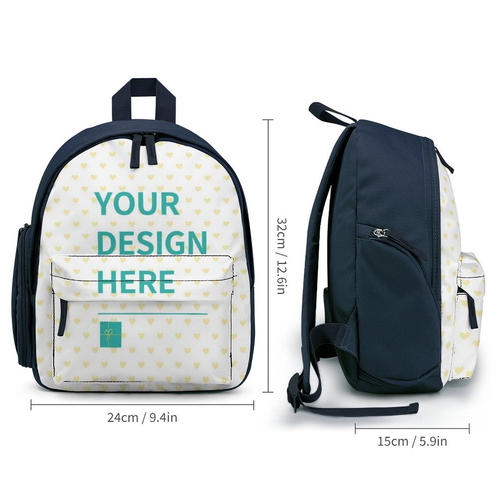 Customizable kids backpack with YOUR DESIGN HERE text, polyester material, perfect for school.