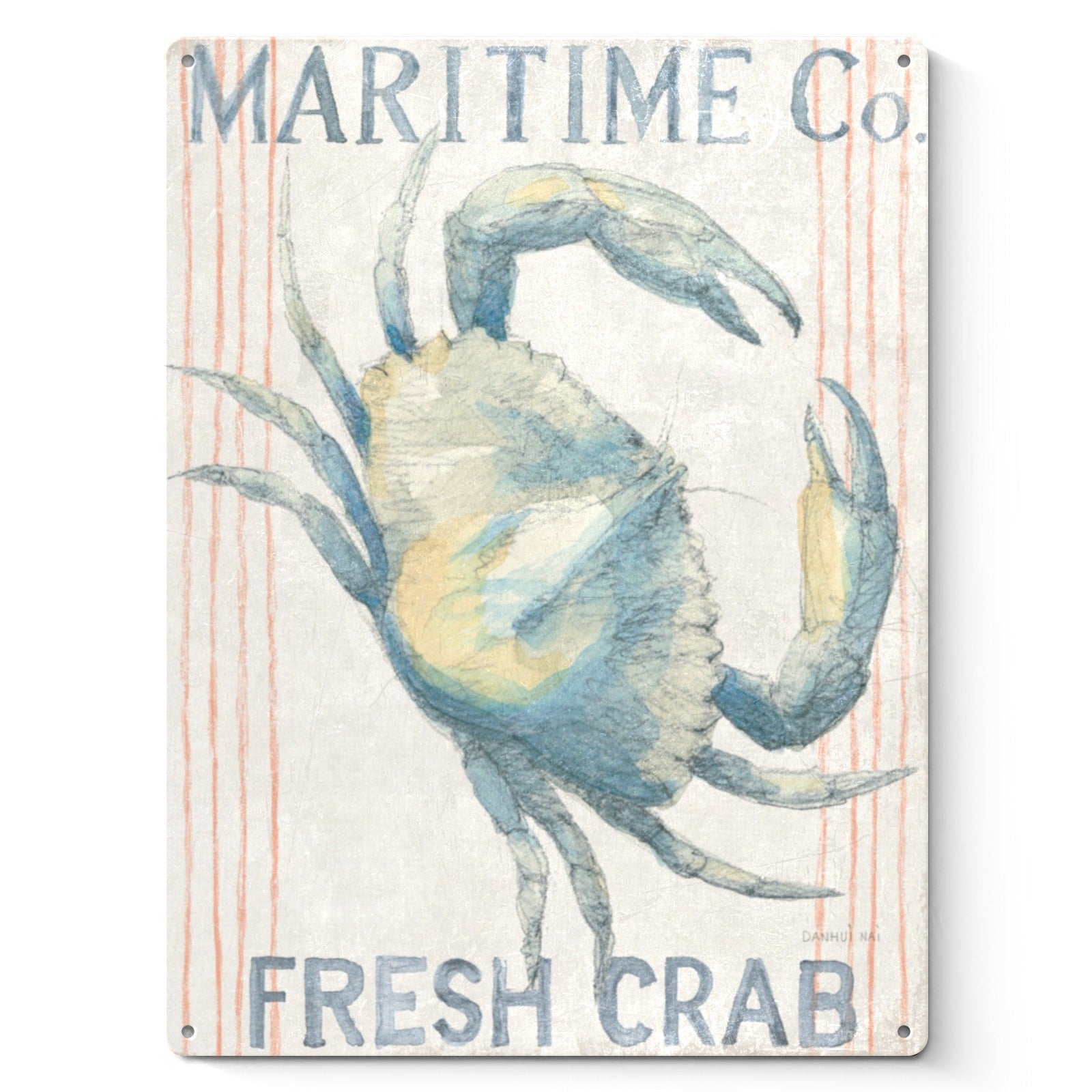 Metal sign featuring a watercolor crab with 'Maritime Co. Fresh Crab' text, nautical themed kitchen decor