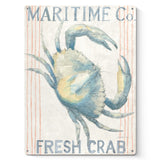 Metal sign featuring a watercolor crab with 'Maritime Co. Fresh Crab' text, nautical themed kitchen decor