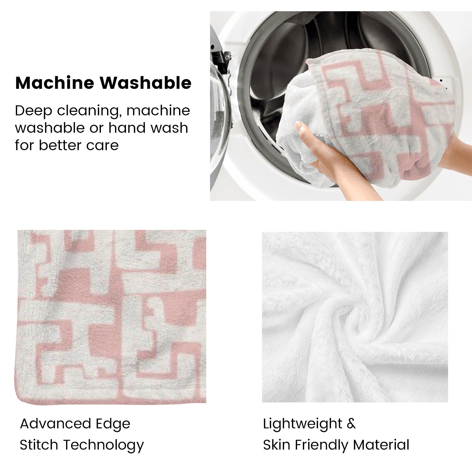 Blush geometric flannel blanket, machine washable, advanced stitch technology and skin-friendly.