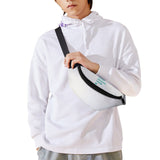 Custom fanny pack for men and women, personalized with "YOUR DESIGN HERE" on white 300D polyester, perfect for travel.