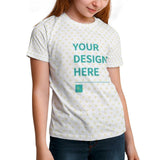 Customizable kids' t-shirt with 'YOUR DESIGN HERE' and heart pattern, made of mesh fabric