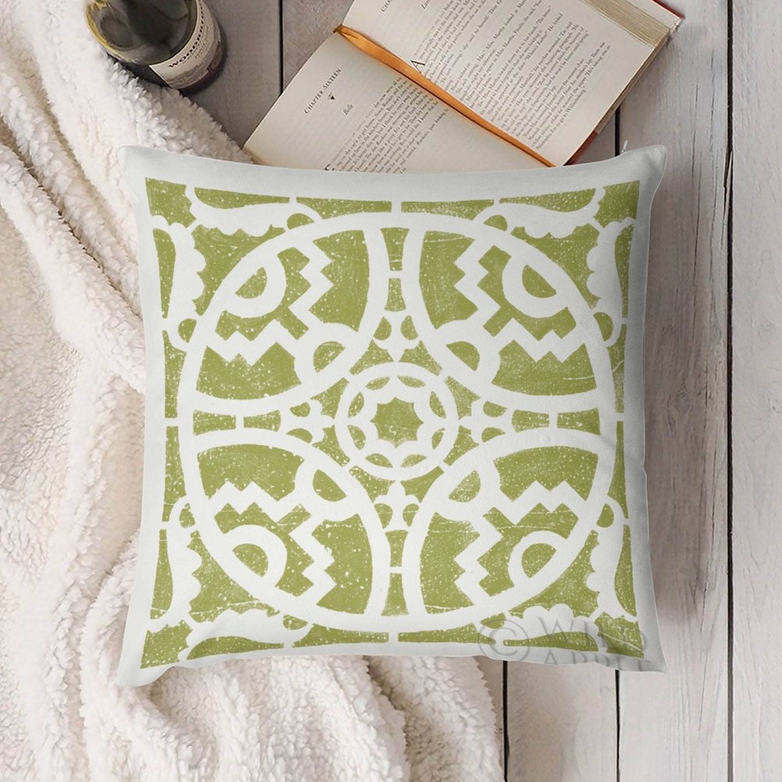 Green decorative pillow cover with circular design, soft plush for sofa or living room; perfect for MyArtsyGift.com