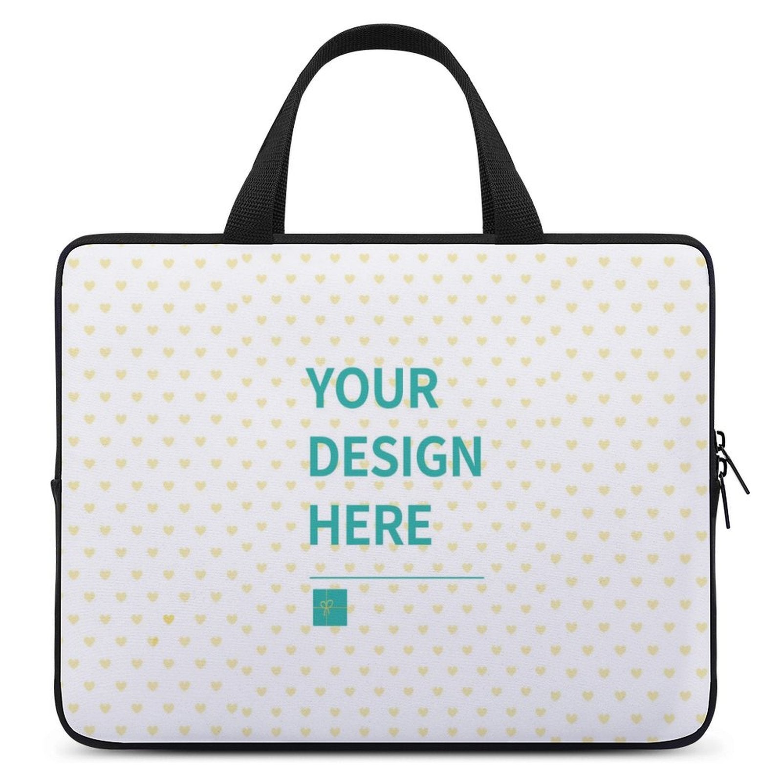 Custom laptop bag with 'YOUR DESIGN HERE' text, heart pattern, neoprene material, perfect gift