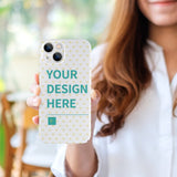 Custom iPhone 14 series phone case with 'YOUR DESIGN HERE' design, heart pattern, and PC plastic protection