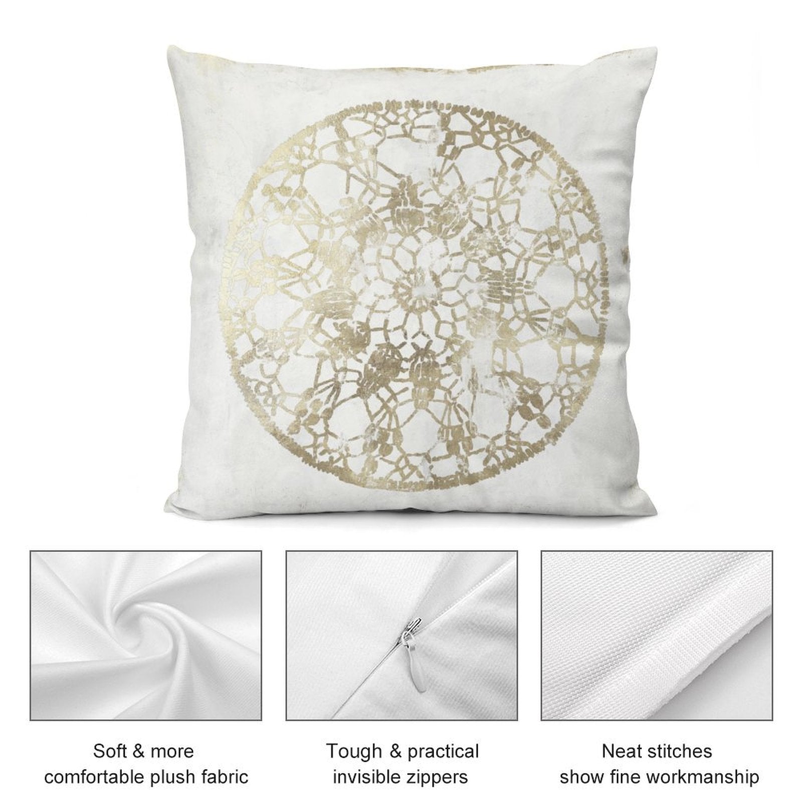 Plush pillow cover with gold lace design, soft fabric, invisible zipper, for sofa or couch.