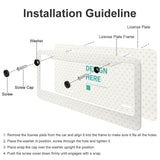 Aluminum license plate installation guide. Heart pattern design, 'DESIGN HERE' text, shows steps for easy assembly.