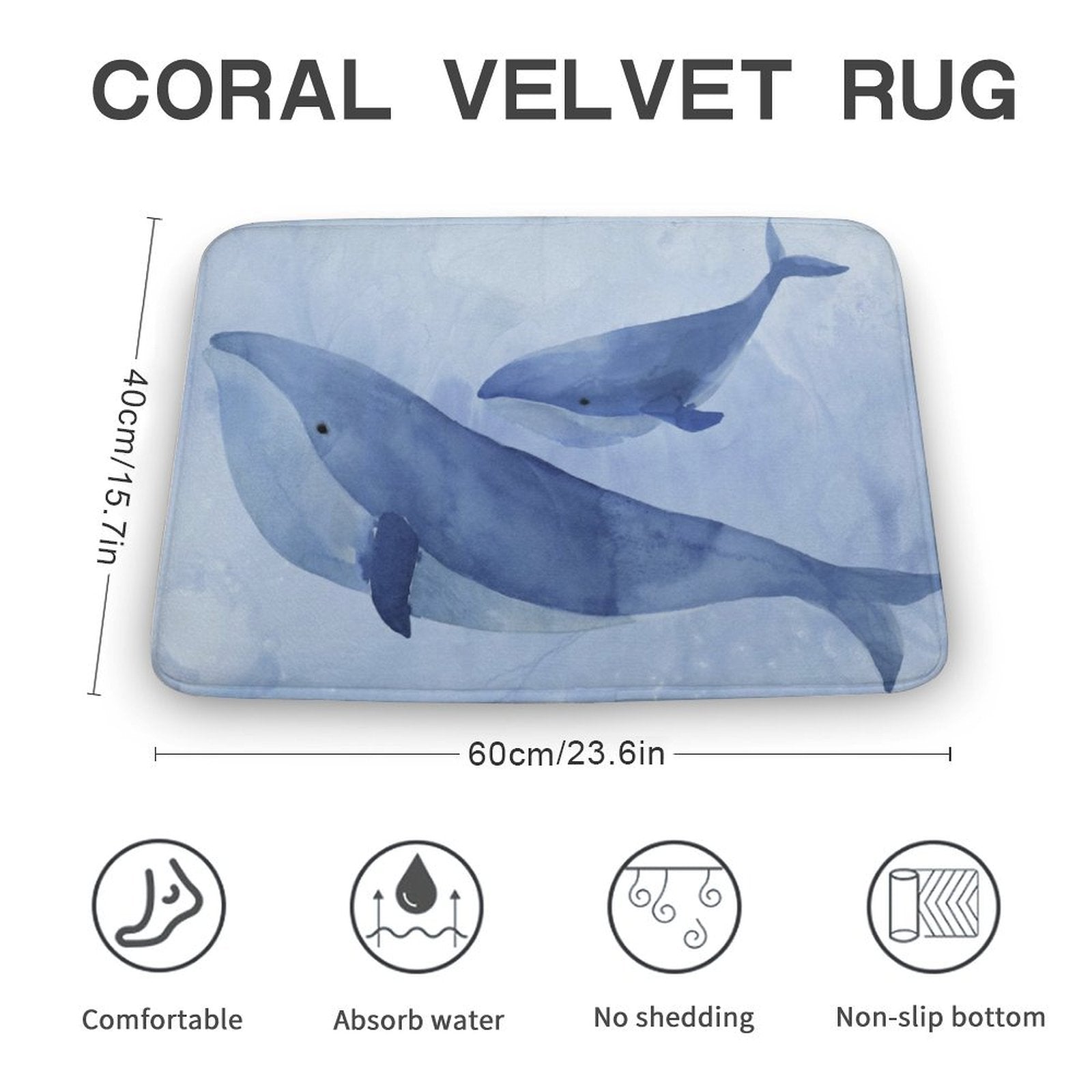 Coral Velvet Bath Rug with Blue Watercolor Whales - Non-slip bathroom floor carpet, absorbent, and comfortable.