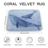 Coral Velvet Bath Rug with Blue Watercolor Whales - Non-slip bathroom floor carpet, absorbent, and comfortable.