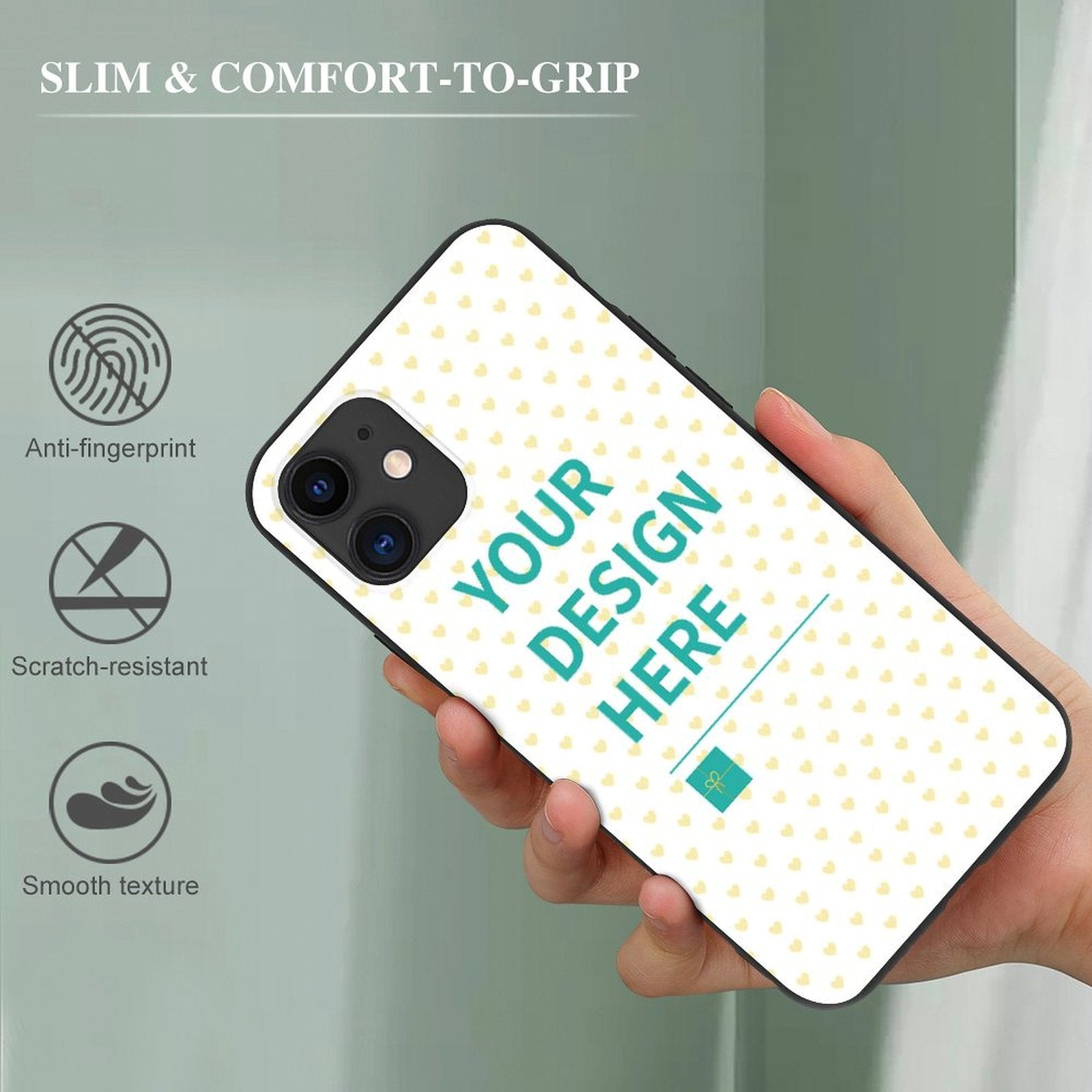 Custom iPhone 11 case with 'YOUR DESIGN HERE' design, anti-fingerprint, scratch-resistant and comfortable grip.