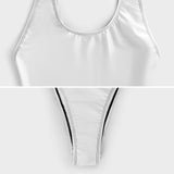 White one-piece swimsuit for women with glossy fabric and black stitching details. Customizable swimwear.