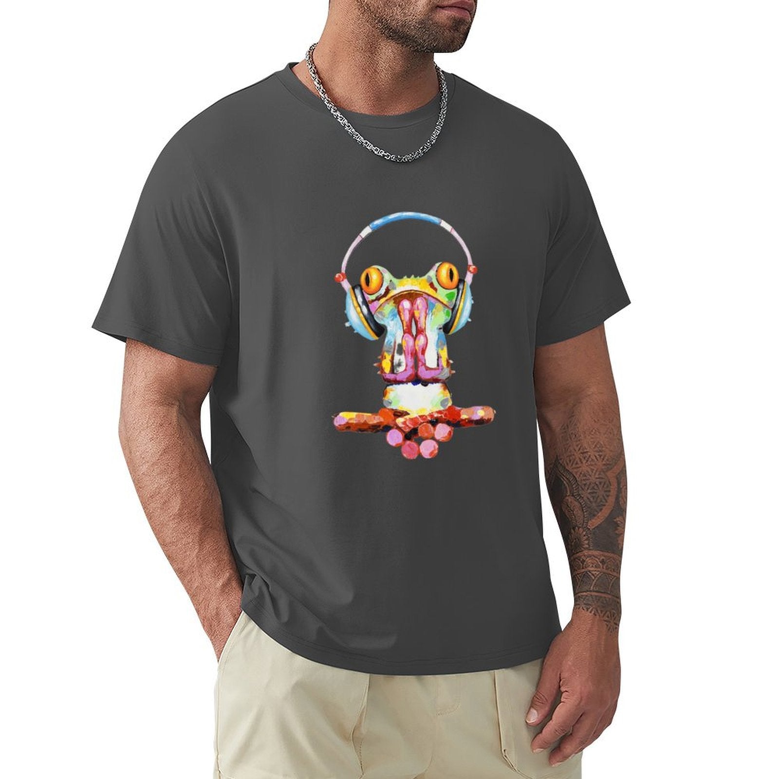 Men's gray crew neck t-shirt with colorful frog graphic and headphones - MyArtsyGift