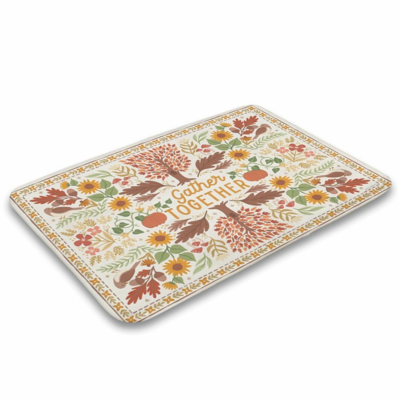 Coral velvet bath rug with 'Gather Together' text and floral design for bathroom or kitchen.