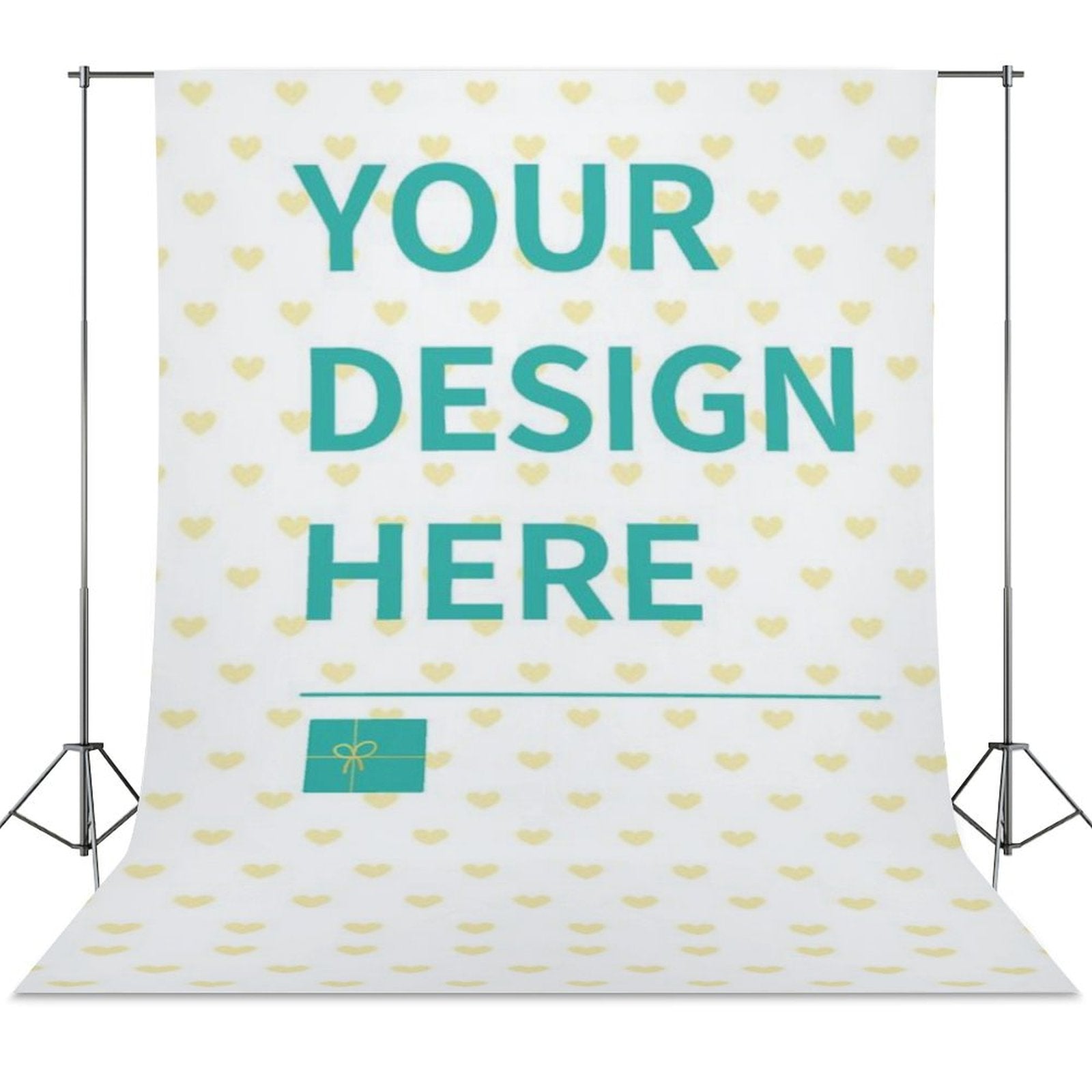 Custom photography cloth, white background with yellow hearts and 'YOUR DESIGN HERE' message, perfect for studio shooting.