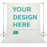 Custom photography cloth, white background with yellow hearts and 'YOUR DESIGN HERE' message, perfect for studio shooting.