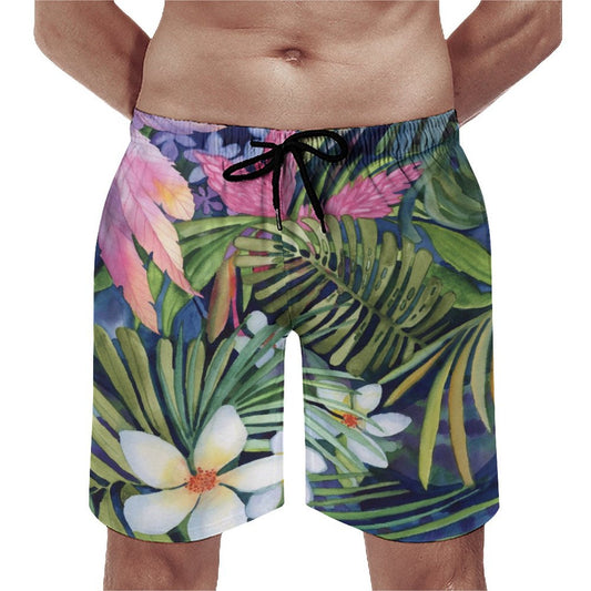 Men's Hawaiian swim trunks with tropical floral print and drawstring waist