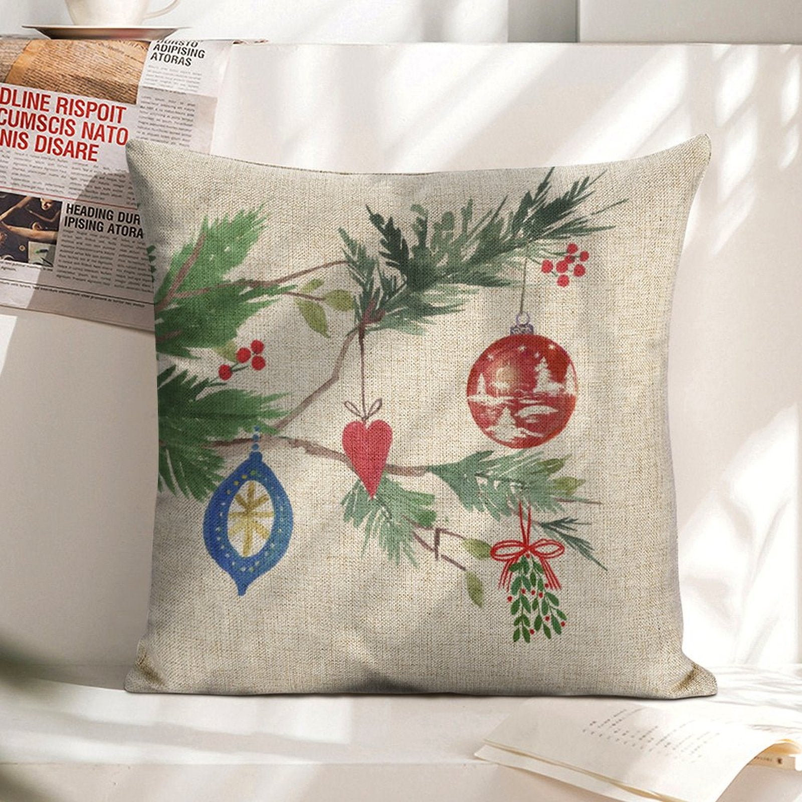 Christmas pillow cover, linen square cushion with watercolor festive ornaments, for sofa, couch, and bed
