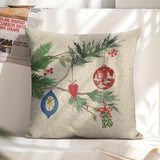 Christmas pillow cover, linen square cushion with watercolor festive ornaments, for sofa, couch, and bed