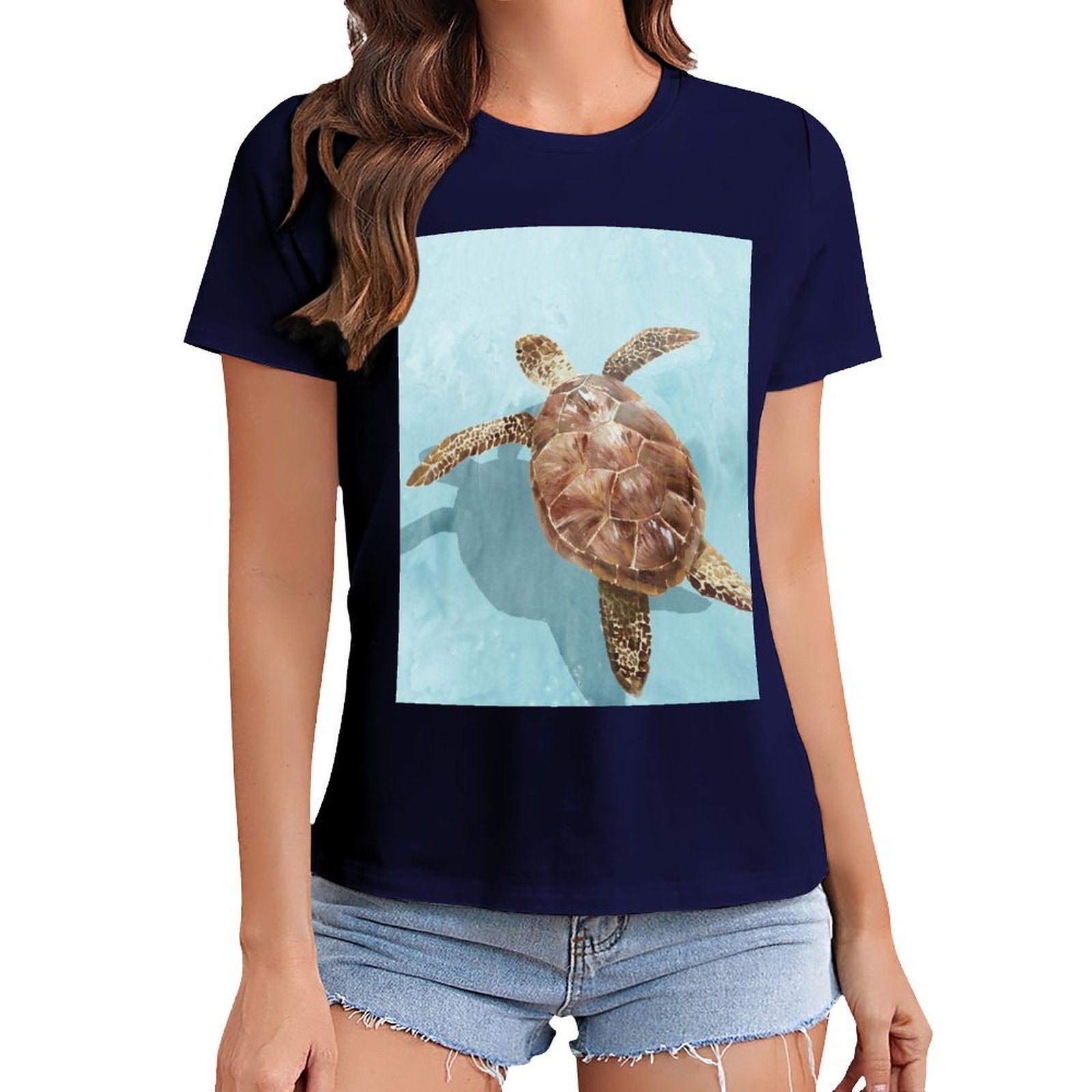 Women's navy blue crewneck t-shirt with sea turtle graphic print, MyArtsyGift, casual wear
