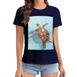 Women's navy blue crewneck t-shirt with sea turtle graphic print, MyArtsyGift, casual wear