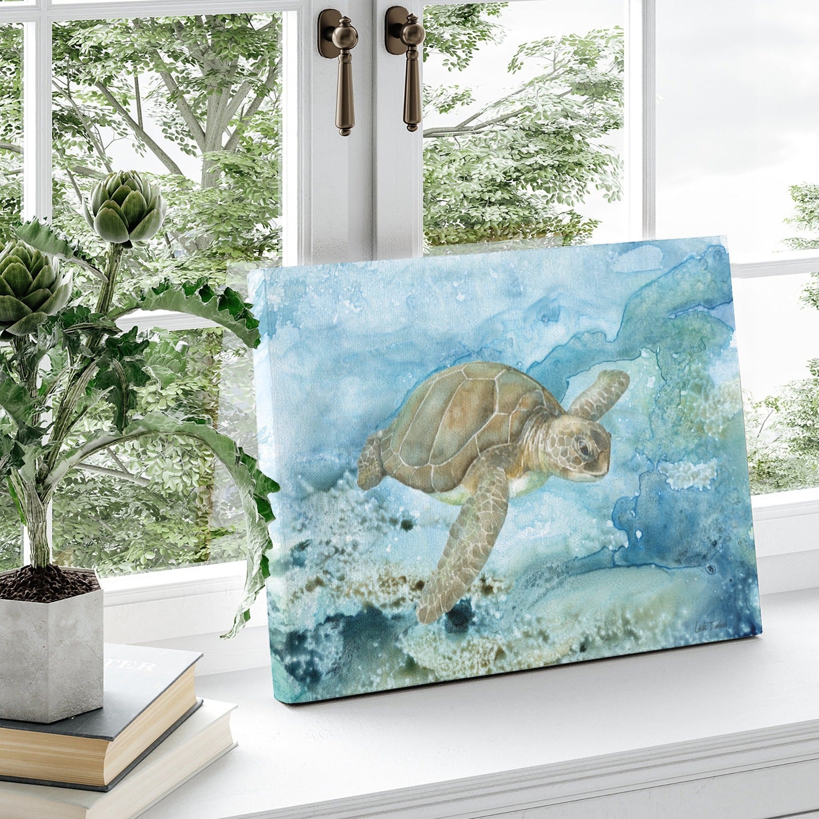Sea turtle canvas print, watercolor art for home decor. Made in USA, featuring an underwater scene of sea life