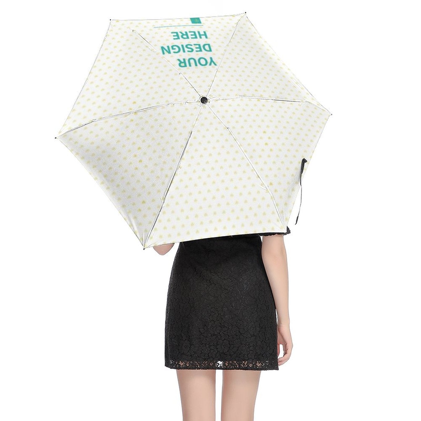 Custom UV resistant umbrella with 'YOUR DESIGN HERE' text, ideal for personalized gifts.