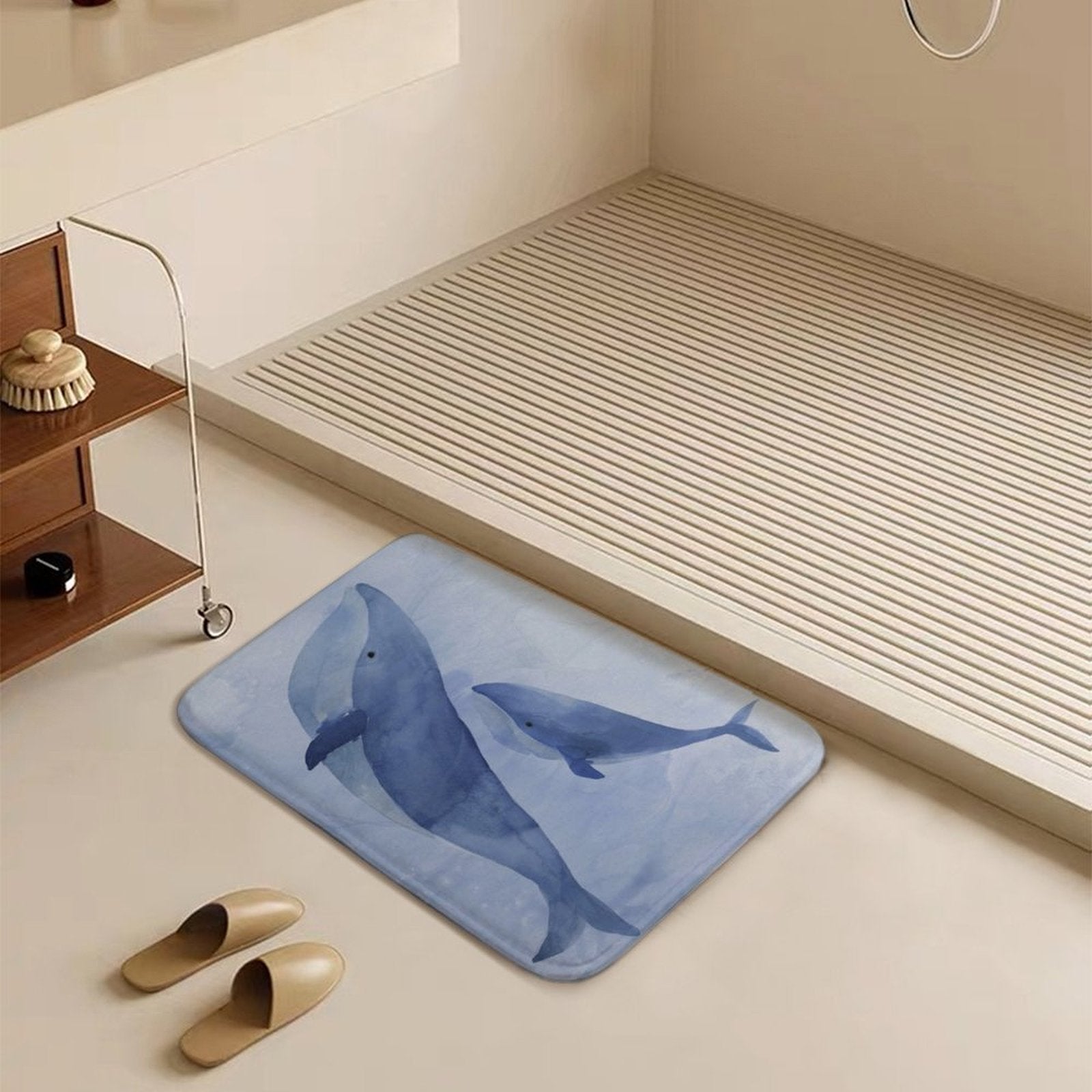 Coral velvet bathroom rug with watercolor whale design, non-slip and absorbent.