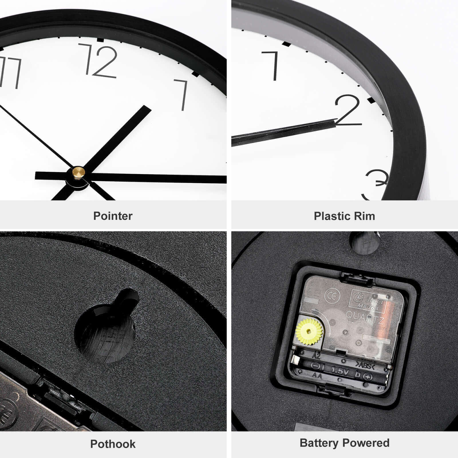 Black round wall clock components: Pointer, plastic rim, quartz movement for quiet home decor.