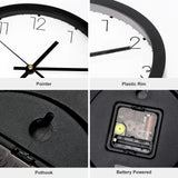 Black round wall clock components: Pointer, plastic rim, quartz movement for quiet home decor.