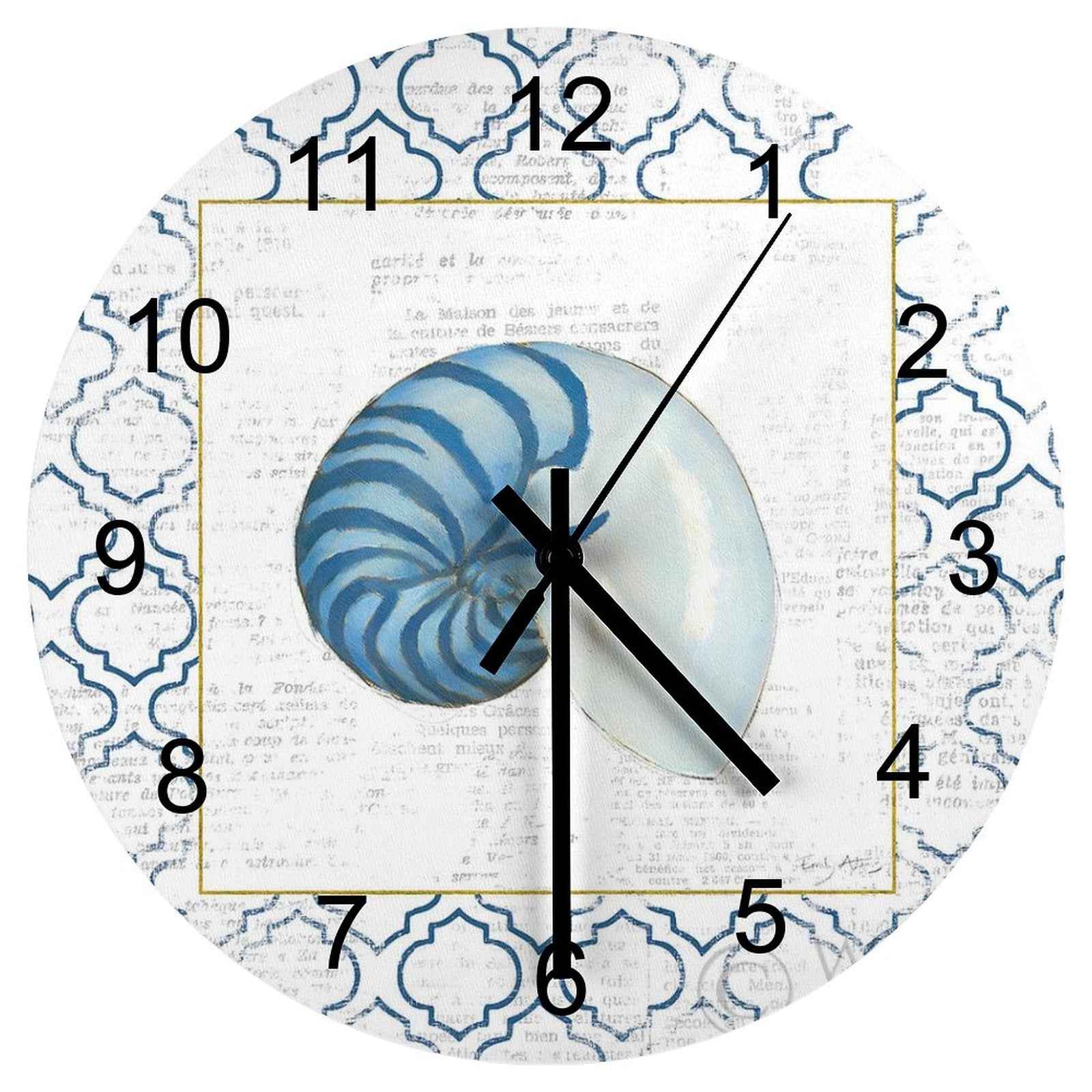 Personalized Simplicity Wooden Wall Clock with Navy Nautilus Shell Design, Custom Round Clock for Home