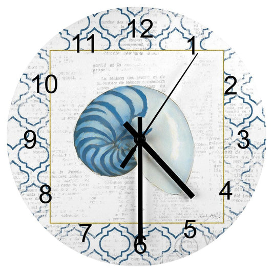 Personalized Simplicity Wooden Wall Clock with Navy Nautilus Shell Design, Custom Round Clock for Home