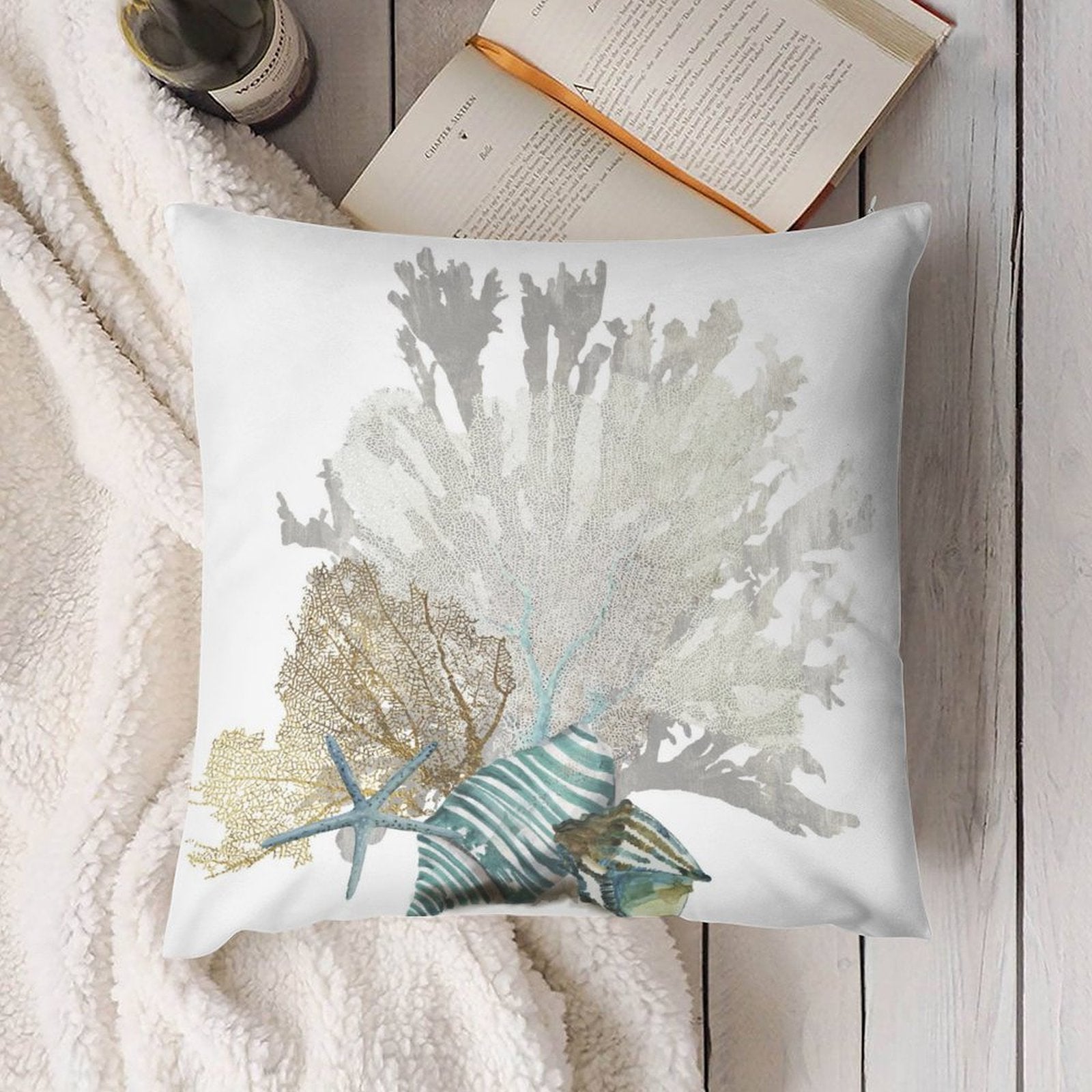 Luxury plush throw pillow cover with coastal coral and seashell design, sofa and living room decor