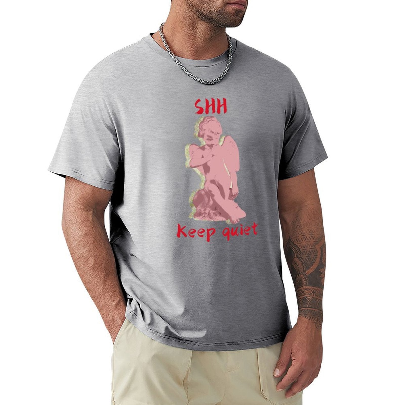 Gray men's crew neck t-shirt with pink angel graphic and "SHH Keep Quiet" text print, MyArtsyGift.
