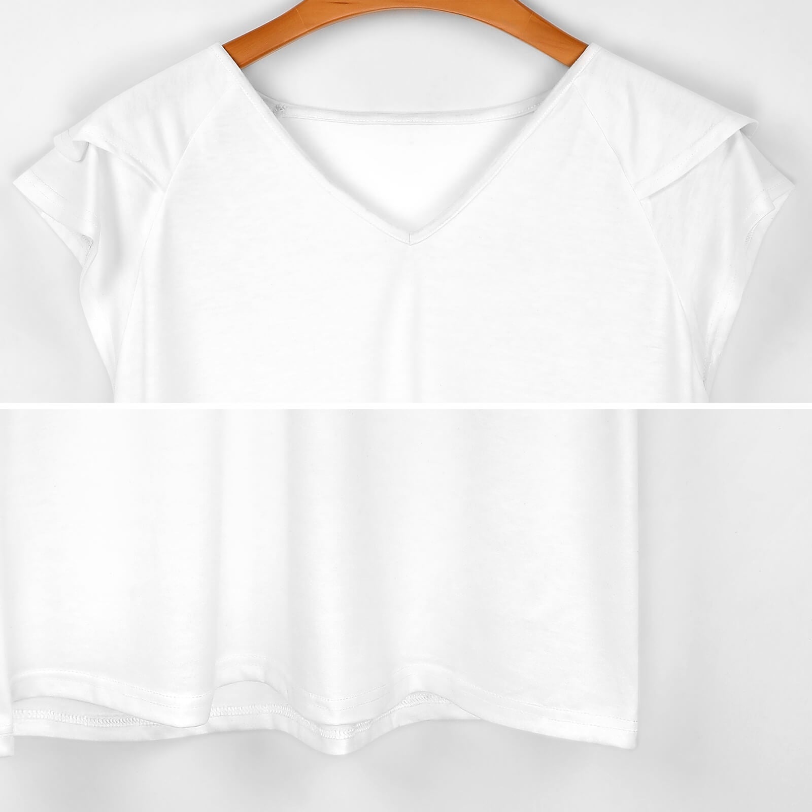 White V-neck women's t-shirt with ruffle sleeves, perfect for summer, a customizable design offered by MyArtsyGift.