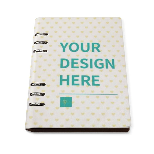 Customizable loose-leaf notebook with heart pattern, perfect for note-taking, school, or office. Features 'YOUR DESIGN HERE'.