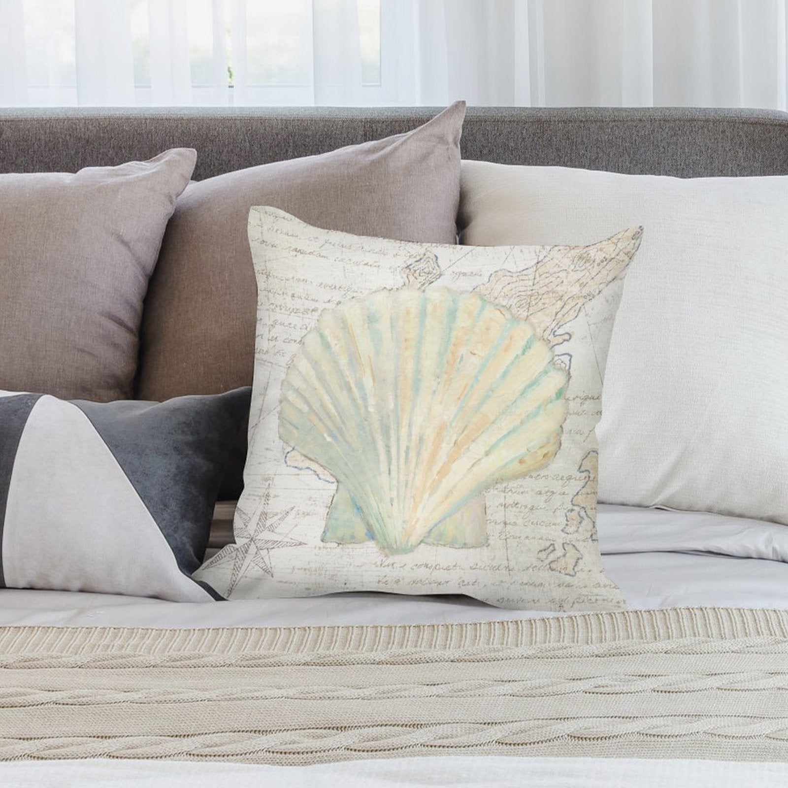 Seashell throw pillow cover with a vintage map design, soft plush material, living room decor, MyArtsyGift