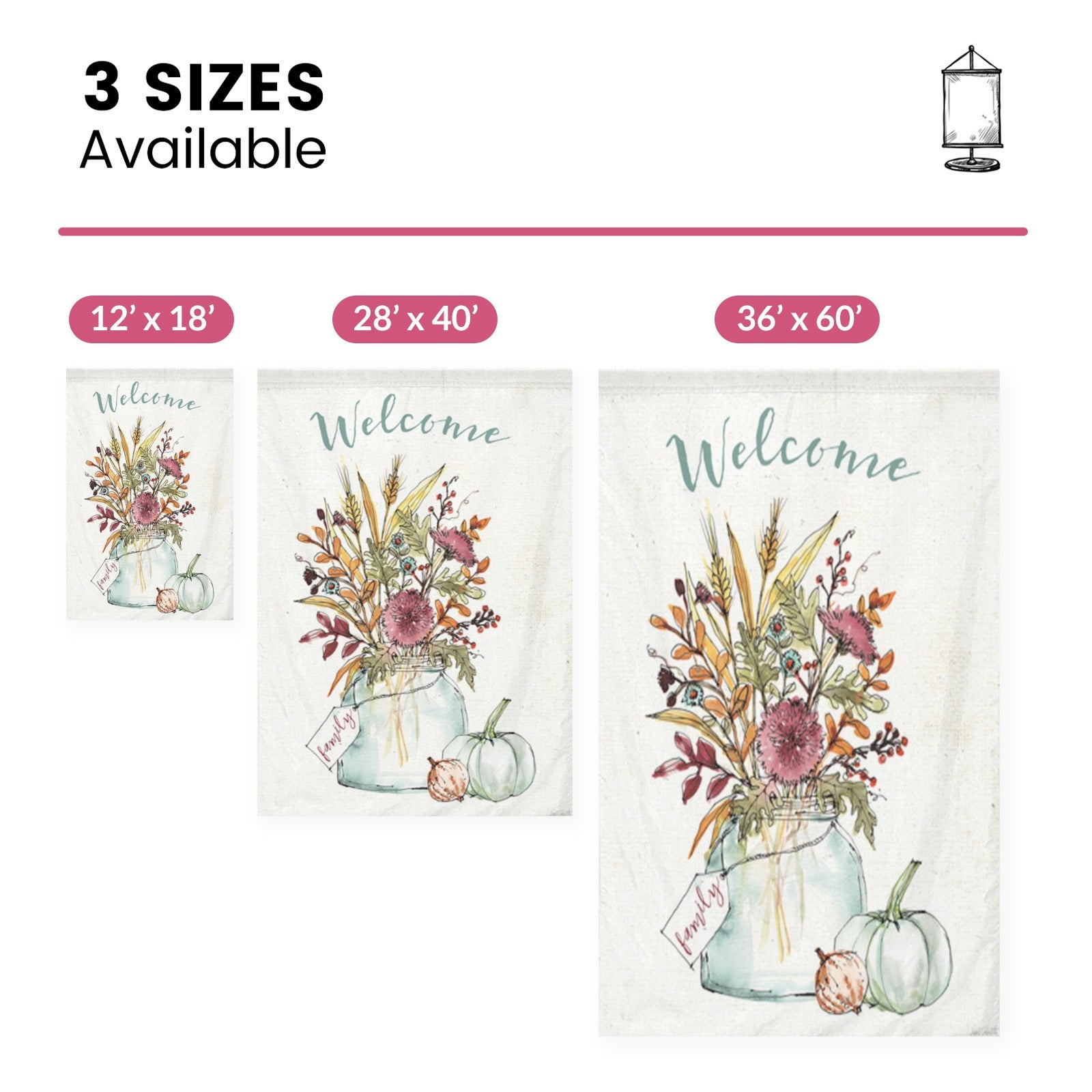 Double-sided garden flag, Welcome with floral and pumpkin design. Available in three sizes.
