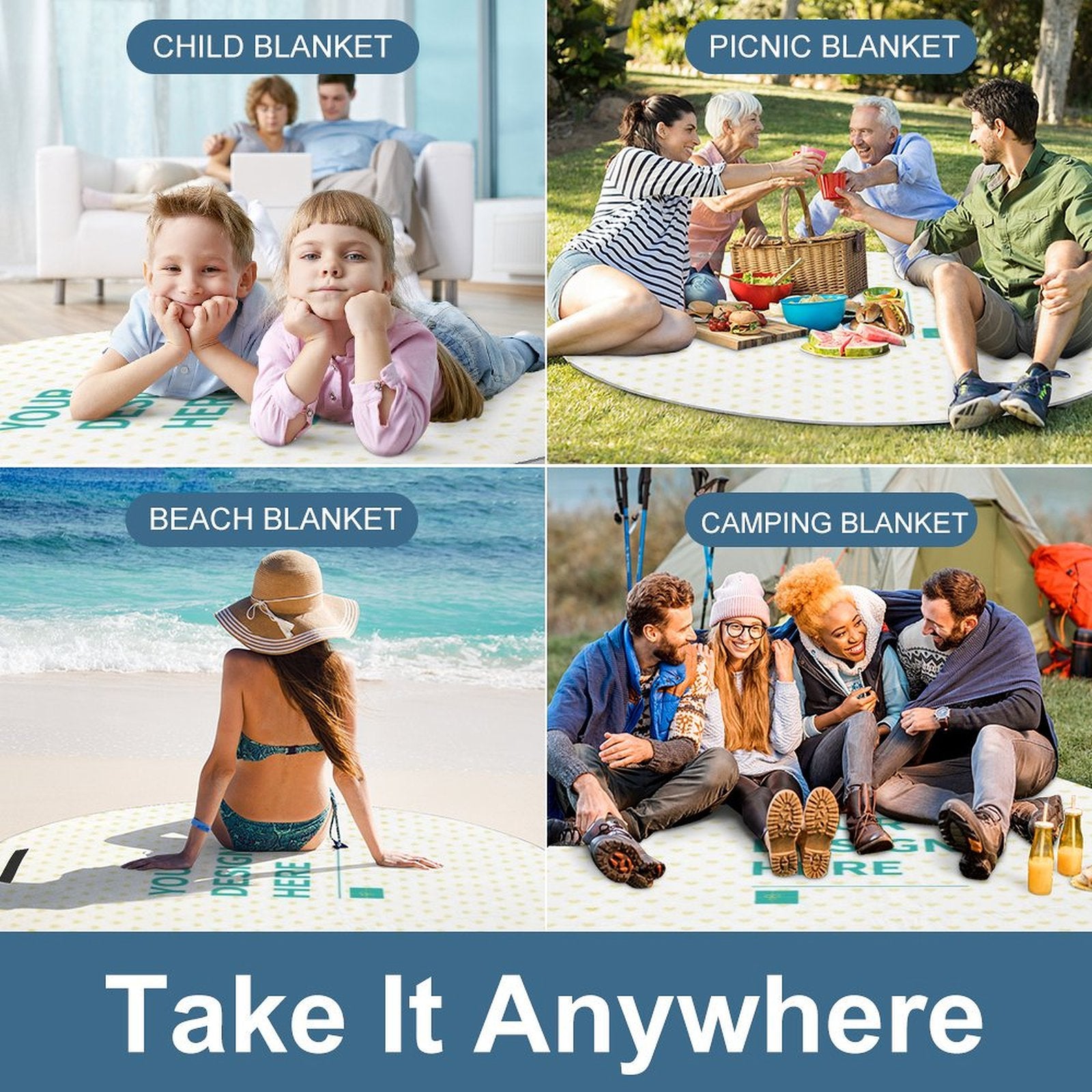 Waterproof foldable picnic blanket for beach, camping, or picnic; featuring customizable designs and versatility.