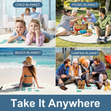 Waterproof foldable picnic blanket for beach, camping, or picnic; featuring customizable designs and versatility.
