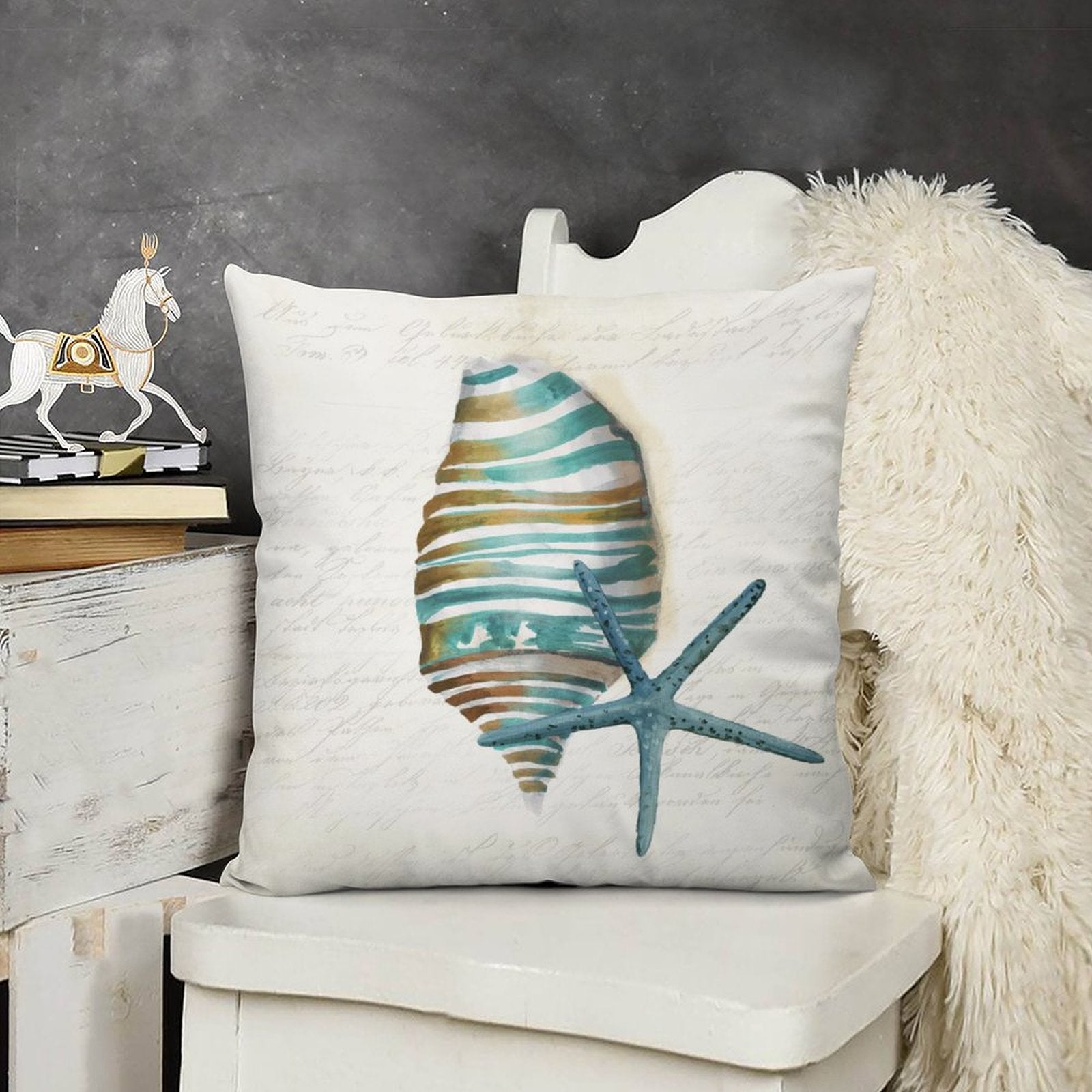 Plush pillow cover with seashell and starfish design in teal and brown, perfect for living room decor, offers soft feel.
