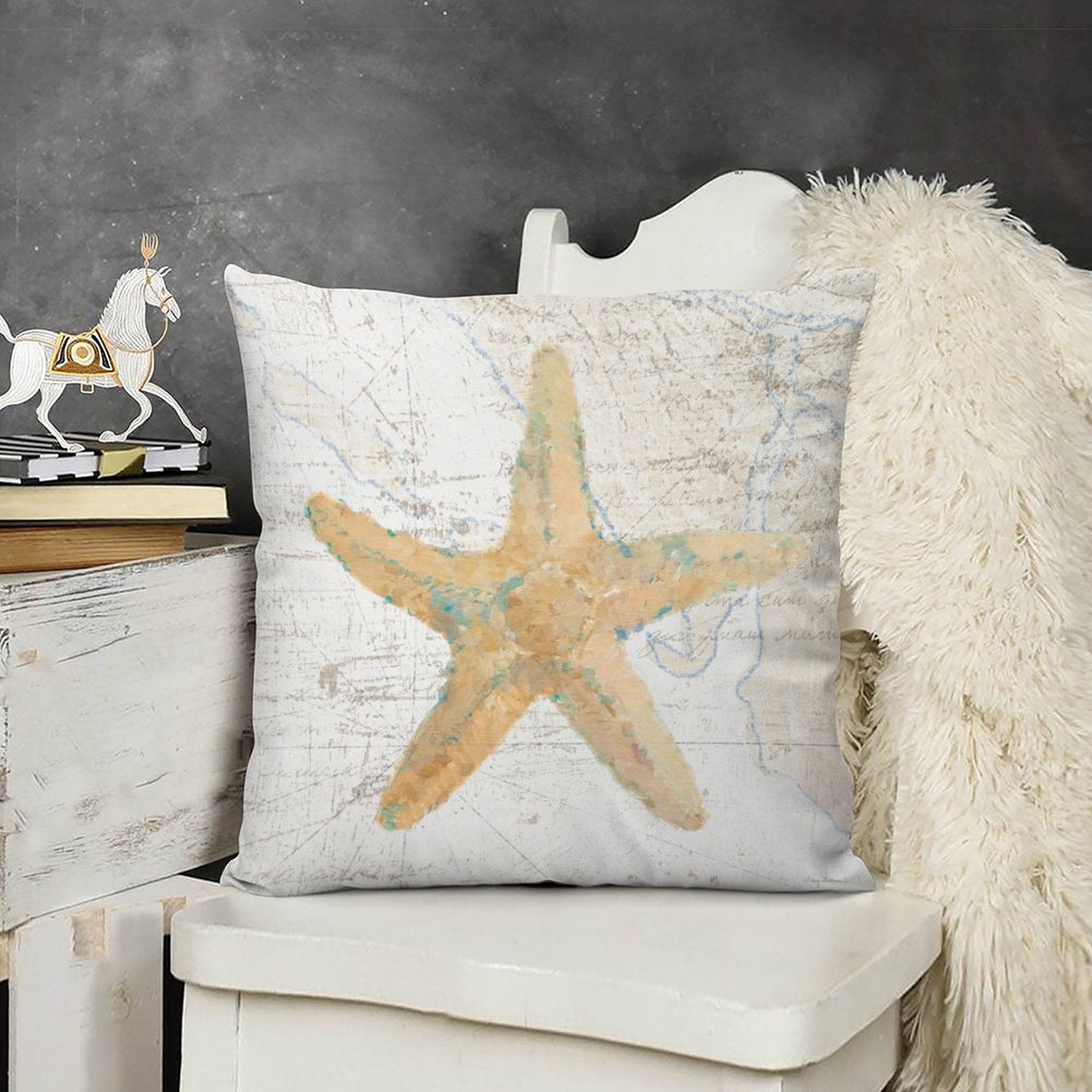 Square short plush pillow cover with starfish design for home decor
