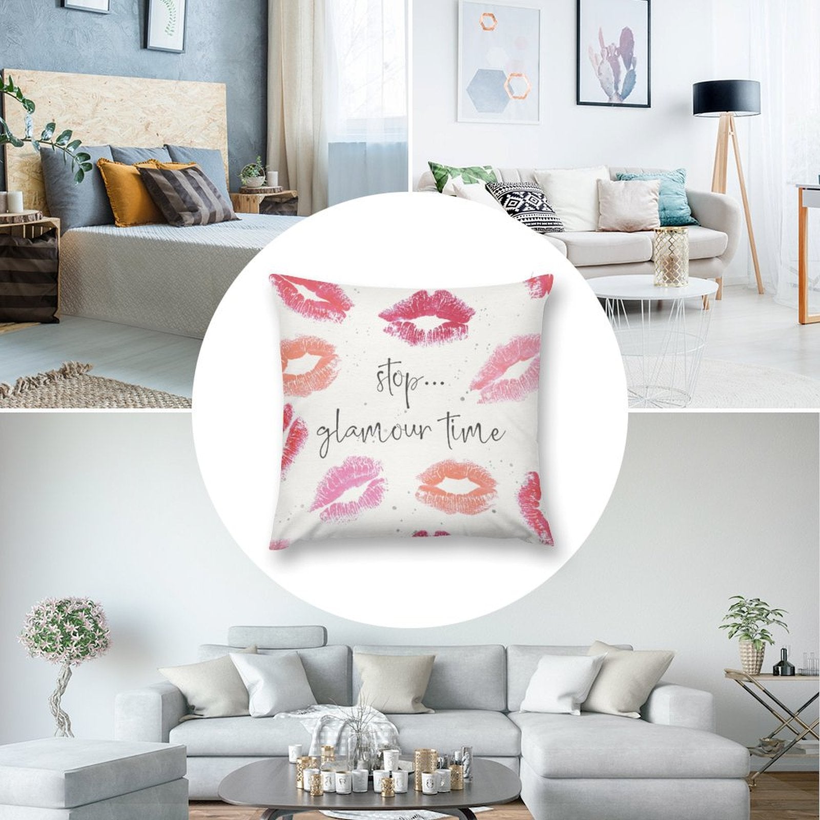 Plush pillow cover with lipstick kiss imprints and "stop... glamour time" text, perfect for sofa or couch.