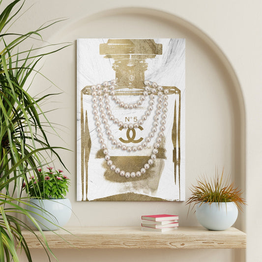 Modern Canvas Wall Art - Gold Perfume Bottle with Pearl Necklace, N°5 Decor