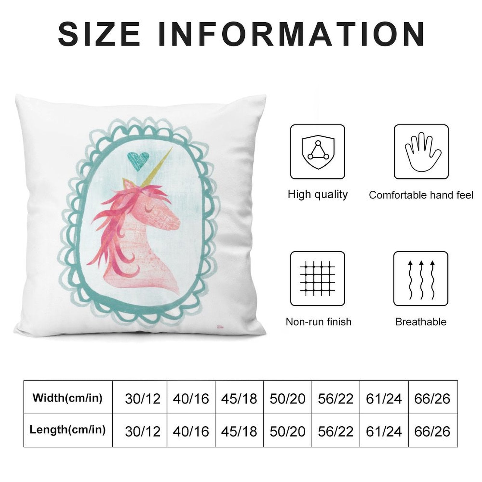 Pink unicorn plush pillow cover, teal frame, size chart. Decorative cushion for home decor, living room and sofa.