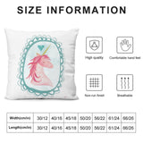 Pink unicorn plush pillow cover, teal frame, size chart. Decorative cushion for home decor, living room and sofa.