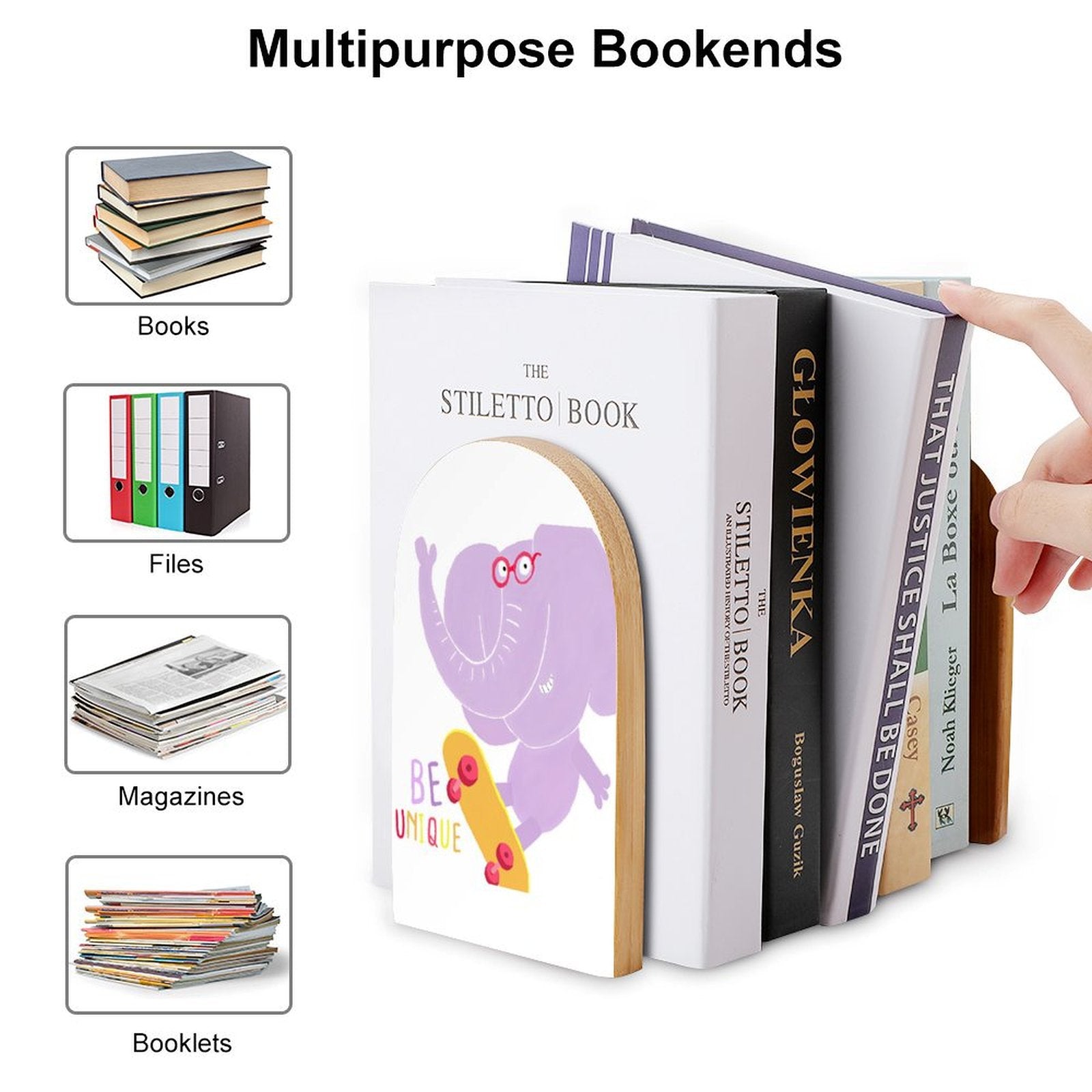 Bookends with elephant graphic and 'BE UNIQUE' text. Beech wood bookends for library, office, or school.